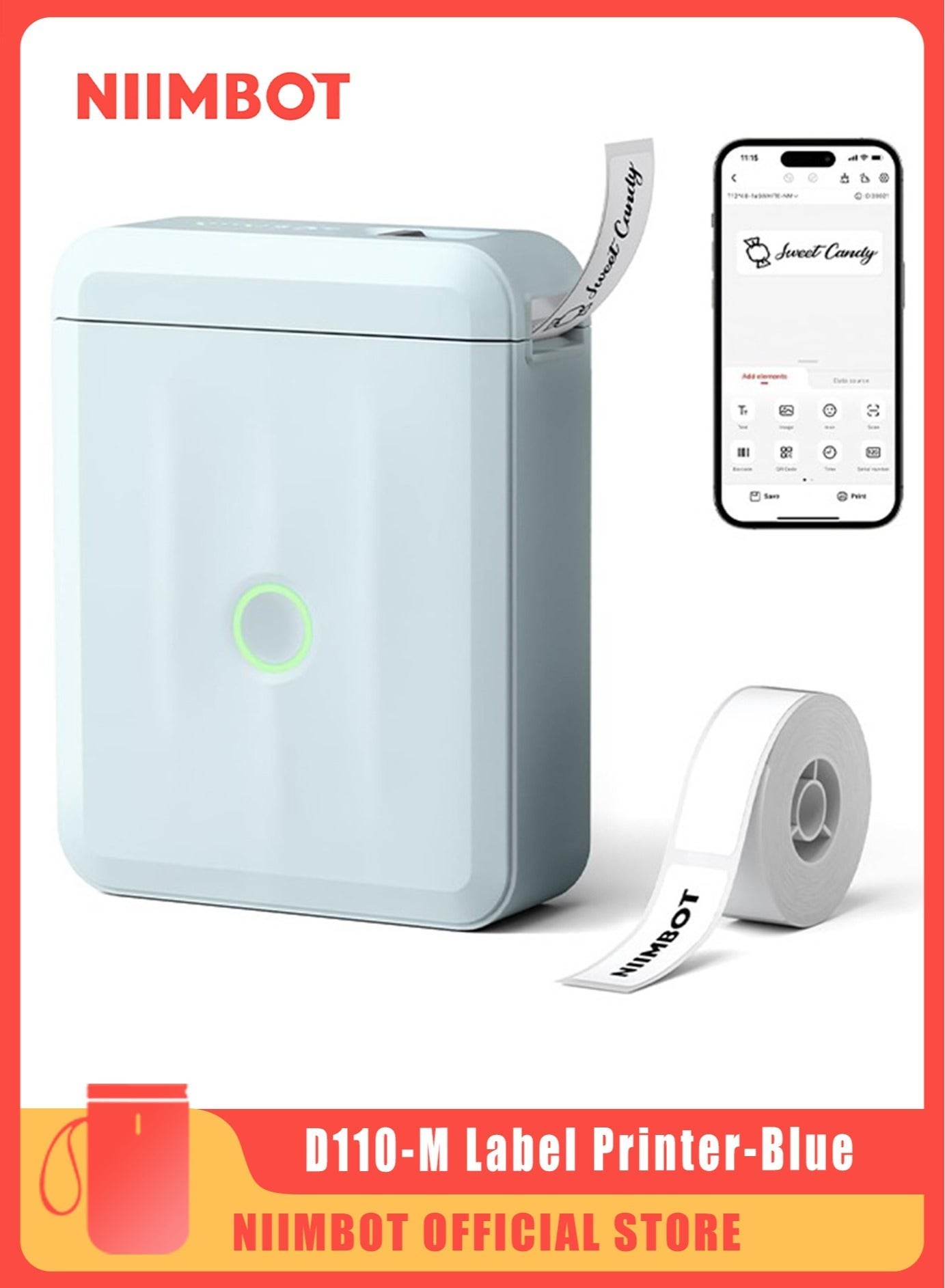 NIIMBOT D110 Upgraded Version Mini Label Maker Machine D110-M Label Printer with 15mm Printing Width, Portable Bluetooth Thermal Printer, Sticker Maker with Multiple Templates, with 1 Roll 12*40mm White Tape for Office Organization Home Kitchen School, Blue